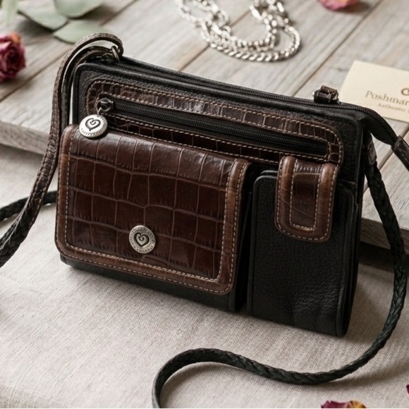 Brighton Handbags - BRIGHTON CROSSBODY ORGANIZER CLUTCH PHONE CHECKBOOK BAG BLACK PEBBLE CROC TRIM